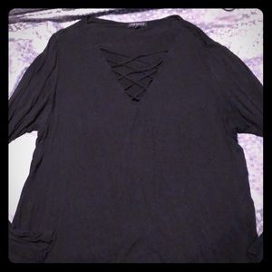 Black long sleeve sexy top v neck with crisscross